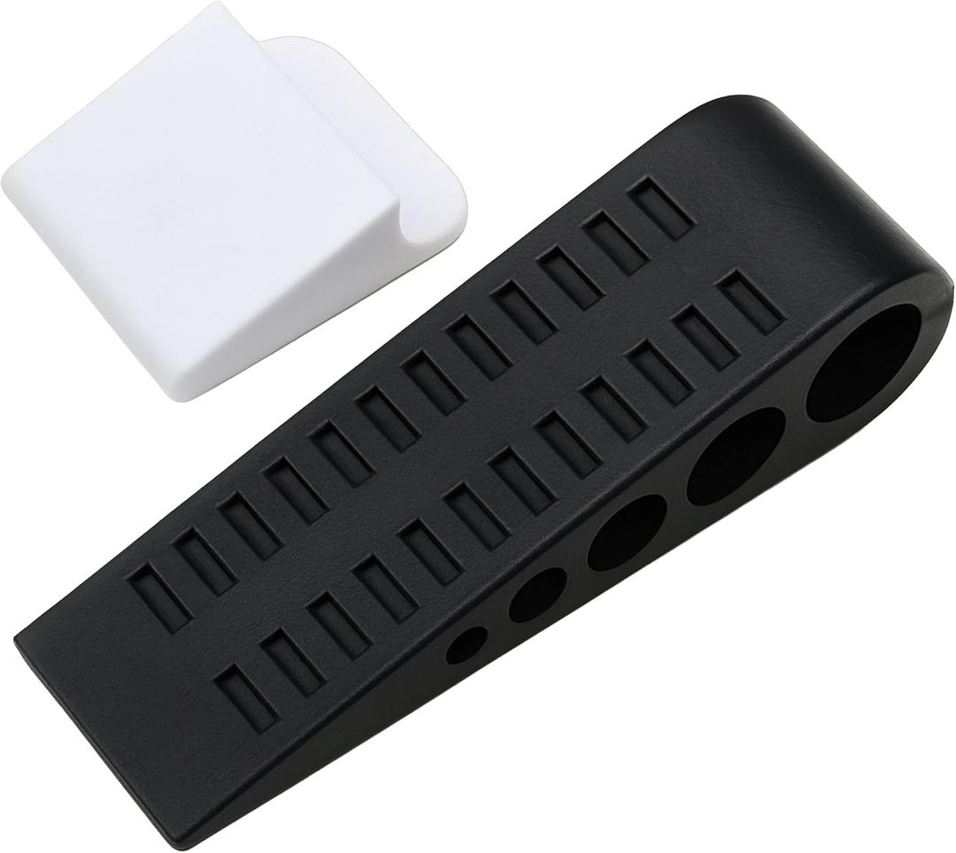 2 x Door Stoppers (3 Pack), Heavy Duty Rubber Door Stopper Wedge for Bottom of Door on Floor, Non-Slip Stackable Door Stops for Carpet & Hard Floors, Includes Storage Holder/Bracket - Black - 3-Pack