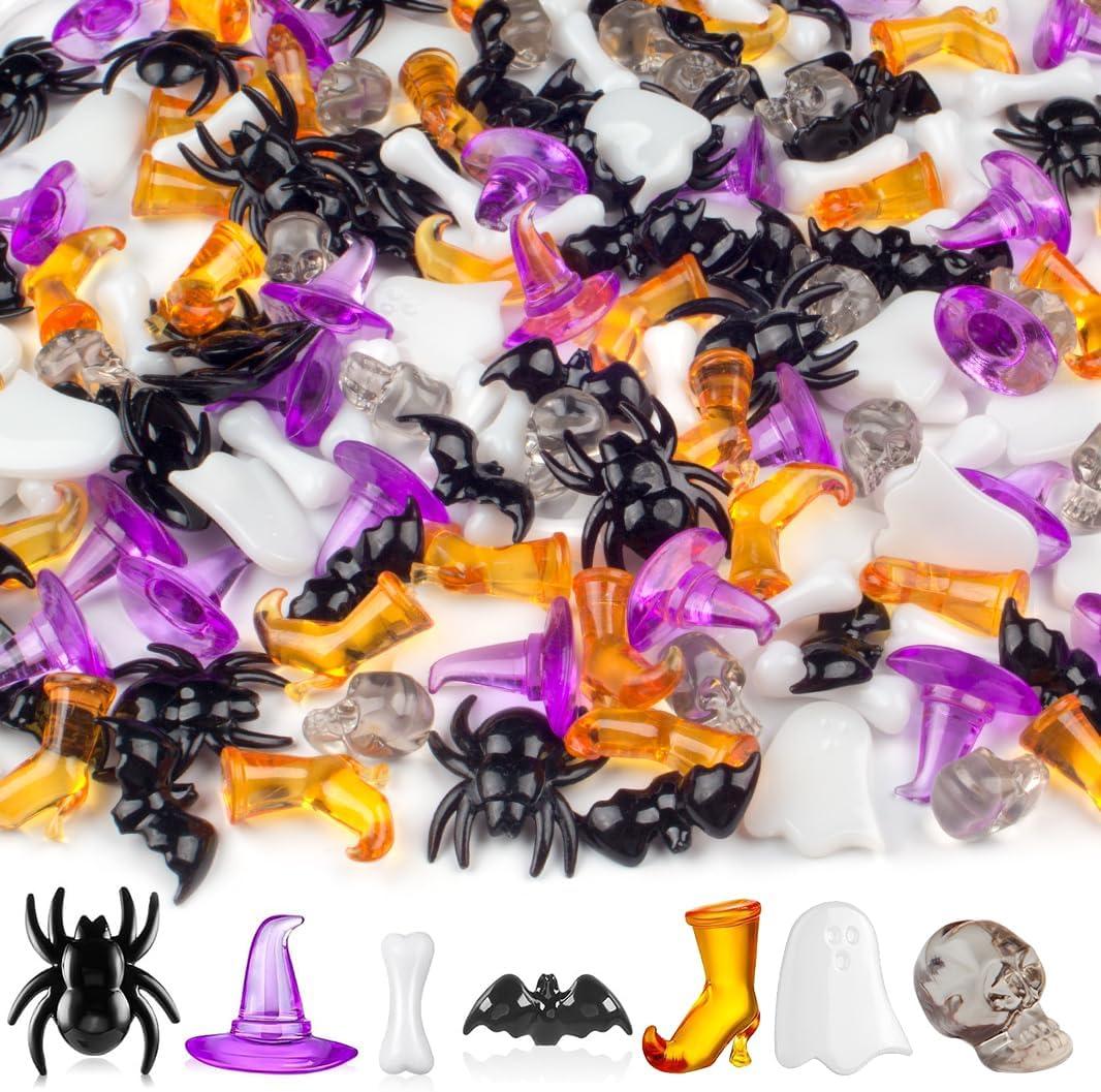 250PCS Halloween Vase Filler  Acrylic Halloween Sensory Bin Filler with Spiders, Bats, Skulls, Ghosts, Witch Hats, Boots, and Bones, Mini Halloween Figurines for Crafts and Bowl Decor