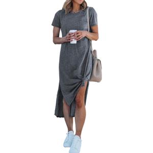 Alaster Womens Casual T-Shirt Midi Dress 2025 Short Sleeve Summer High Splits Dress with Pocket High Low Solid Midi Dress (XX-Large, Grey)