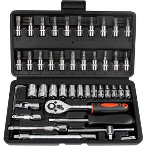 LLNEDL 1/ 4 Inch Drive Socket Ratchet Wrench Set, 46 Pieces Socket Set with Bit Socket Set Metric and Extension Bar for Car Bicycle Motorcycle Repair and Home Use with Storage Case, EDL046
