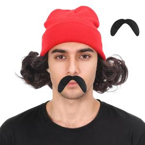 Fatmuai Short Curly Mens Red Beanie Halloween Costume Reallistic Cosplay and Performance Hair Wig with Black Mustache