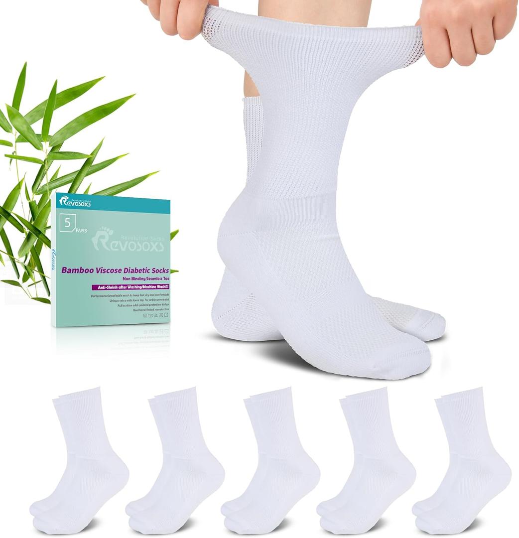 Diabetic Crew Socks for Men Women,Bamboo Viscose Non-Binding Loose Top Wide Socks with Seamless Toe 6-9 9-12 (Medium, White)