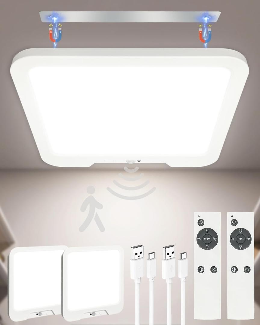 2 Pack Rechargeable Motion Sensor Ceiling Lights with Remote, Dimmable Magnetic Mount Closet Light, 7000mAh Battery Operated LED Shower Light, 3 Color Temperatures for Bathroom, Stairs, Hallway,Garage, Square-2 Pack
