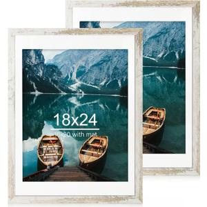 Hongkee 18x24 Frame Set of 2, Distressed White Wood Style - Display 18 x 24 Poster without Mat or 16x20 Picture with Mat, Wall Mounting Horizontal and Vertical