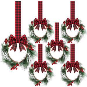 Crowye 6 Pcs Small Mini Christmas Cabinets Wreaths for Kitchen with Ribbon 10'' Hanging Artificial Green Leaves Decor Berry for Window Front Door Kitchen Wall Decor (Red and Black)