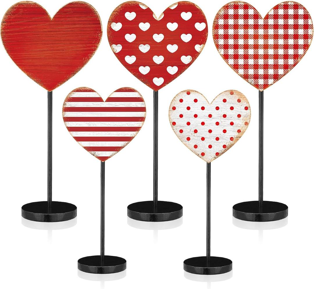5 Pcs Valentine's Day Tables Decoration Wooden Heart Tables Centerpieces Valentine's Tall Standing Tabletop Sign Love Decor for Valentines Day Wedding Party Favor Supplies(Classic)