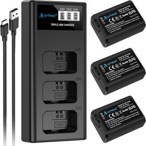 Artman NP-FW50 Battery 3-Pack and Upgraded 3-Slot ZV-E10 Battery LCD Charger for Sony ZV E10, Alpha A6500 A6400 A6300 A6000 A5100 A5000, A7S II, A7S, A7R II, A7R, A7 II, A7, RX10 II III IV Cameras
