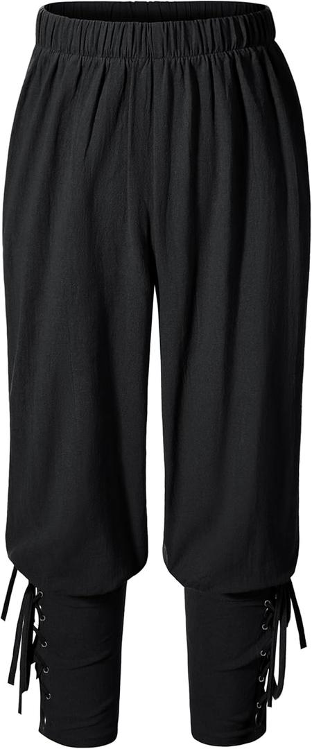 Kids Renaissance Ankle Banded Pirate Pants Medieval Viking Lace Up Tapered Trousers Halloween Costume (8-10 Years, Black)