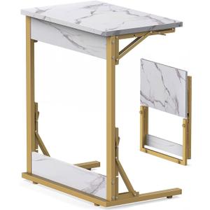 Tatub 24" Folding TV Tray Table, Marble C Shaped End Table for Couch, Small Sofa-Side Laptop Desk with Gold Metal Frame for Living Room, Bedroom, Bedside