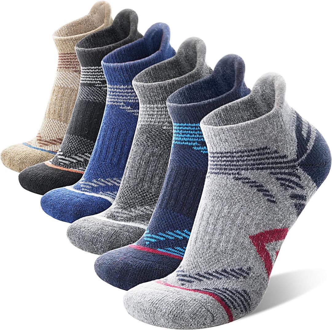ANTSANG 6 Pairs Merino Wool Ankle Hiking Running Socks Compression Thick Cushion Breathable No Show Socks for Men Women (Large, Navy/Brown/Grey/Black/Blue/Light Grey)