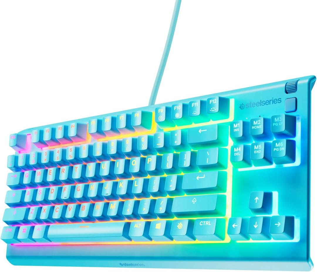 SteelSeries Apex 3 TKL Aqua RGB Gaming Keyboard  Tenkeyless Compact Form Factor  8-Zone RGB Illumination  Water and Dust Resistant  Whisper-Quiet Gaming Switch