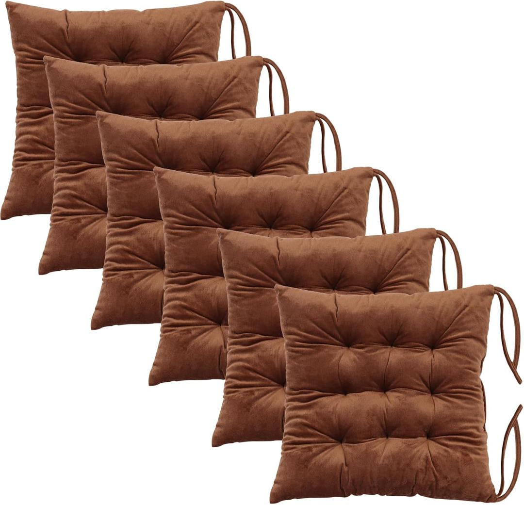6 x 6 Pack Square Seat Cushion Chair Pads for Kitchen Dining Chairs, Soft Comfort Velvet Chair Mat Pillow Cushions with Ties for Office Desk Living Room Tatami 15.5", Coffee