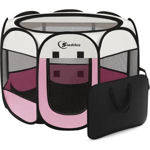 Siedihit Pink Puppy Playpen for Large Dog Cat, Dog Tent Crates Cage Indoor/Outdoor, Portable Pop Up Dog Kennel with Carrying Bag for Rabbits, (Pink, Large)