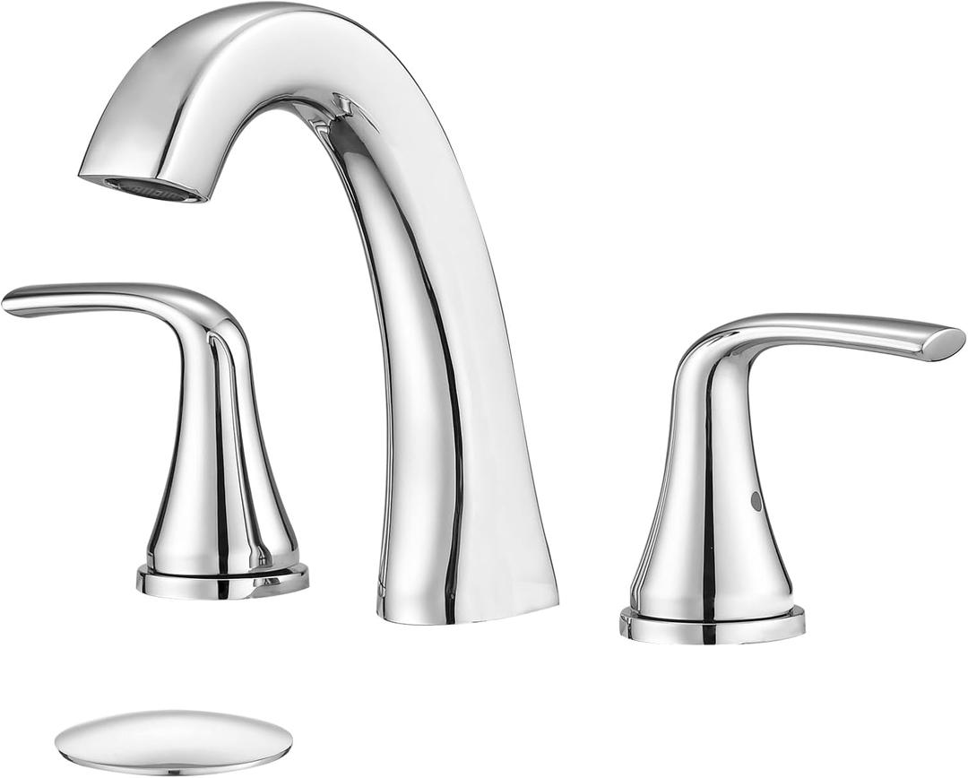 Chrome Widespread Bathroom Faucet - 2 Handle 8 Inch Stainless Steel Sink Faucet for 3 Hole Lavatory With Pop Up Drain and Supply Hose