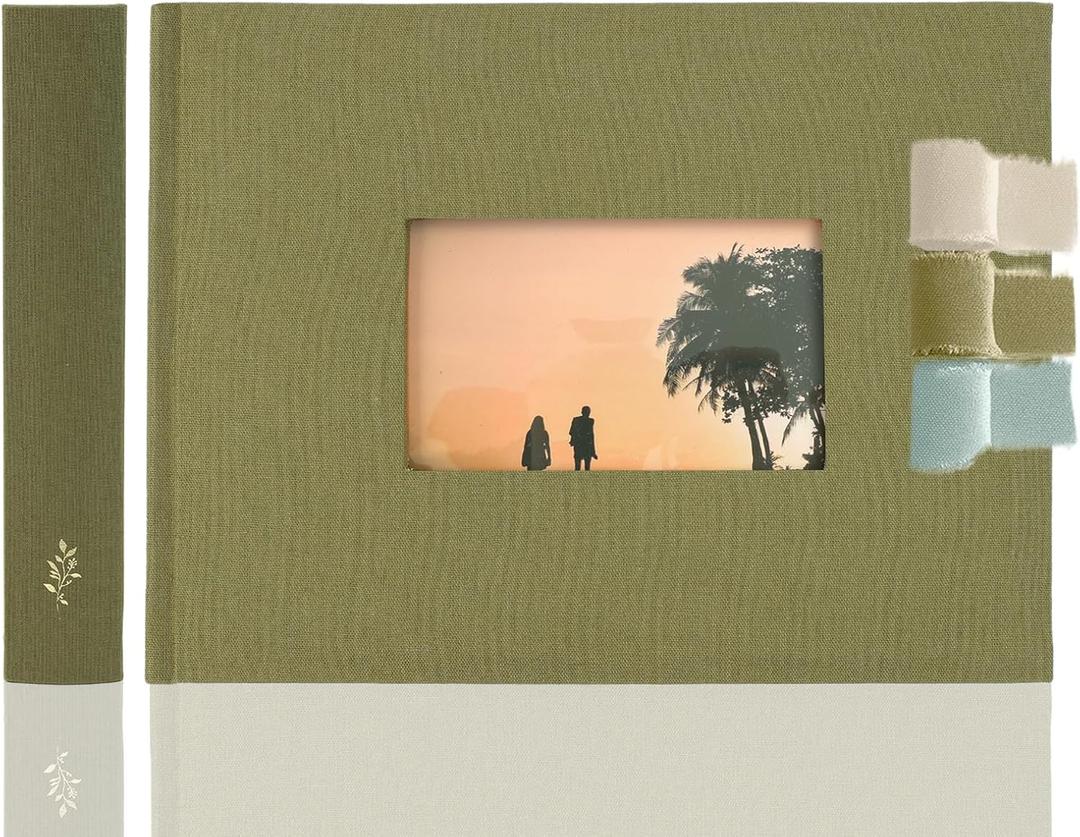 Premium Scrapbook Album with Window and Writing Space  60 Pages holds 200 Photos of Different Sizes  Wedding, Baby, Travel & Family Memories  11.4" x 8.6" - Olive