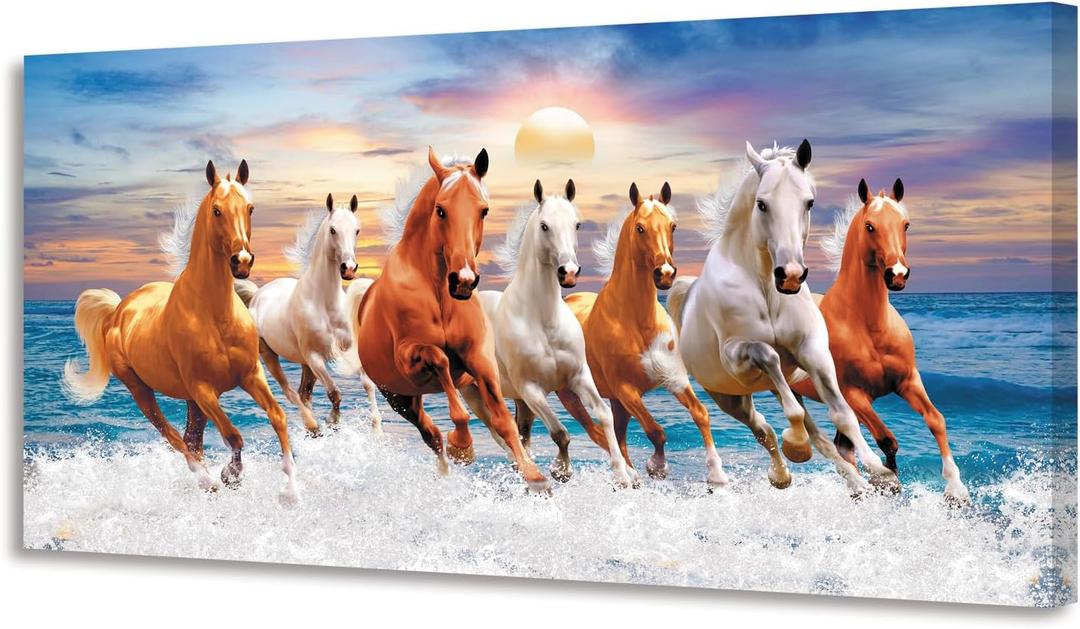 Wall Art Canvas Painting Horses Running Blue Sky 1 Piece Seven Horses in The Water Sunset Background Picture Poster Print Framed and Stretched Ready to Hang for Living Room Bedroom, 58"L x 29"W