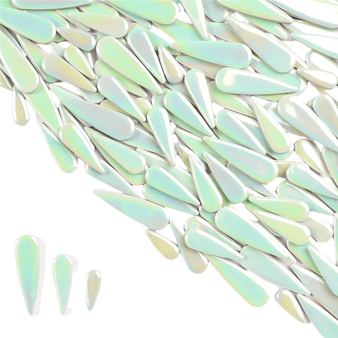 1.1LB Water Drop Petal Leaves Ceramic Mosaic Tiles for DIY Crafts,Teardrop Shaped Ceramic Mosaic Pieces for Photo Frames,Cups,Flower Pots,Fish Tank,Vases,Make Stepping Stones (Iridescent Green)