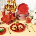 Sieral 560 Pcs Red and Gold Party Supplies Serve 80 Guests, Disposable Paper Plates Napkins Cups Gold Plastic Forks Knives Spoons for Graduation Wedding Birthday Party Dinnerware Set(Bright Red)