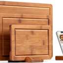 JINGNING Deep-Carbonized Bamboo Cutting Board Set for Kitchen with Wood Storage Stand, Deep Juice Grooves, Easy-Grip Handles & Non-Slip Pads, Premium Kitchen Gift