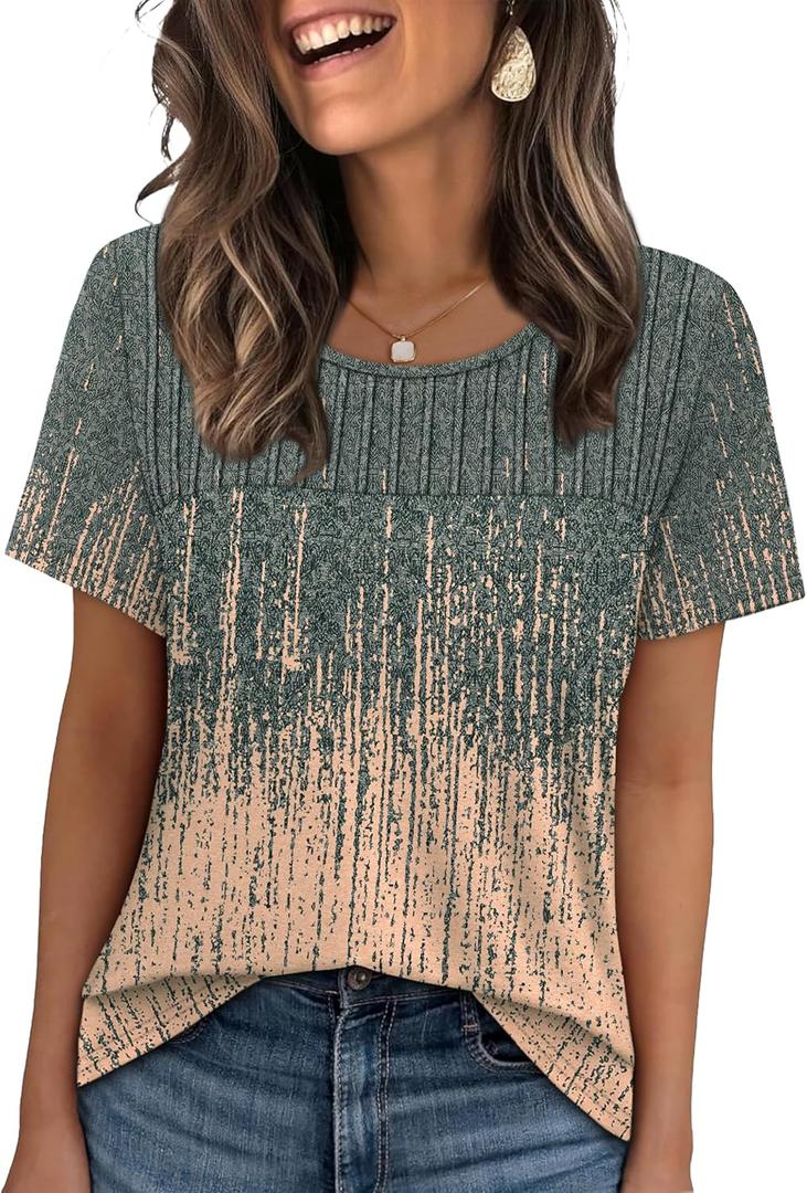 OFEEFAN Women's Clothing Trendy Short Sleeve Summer Tops Dressy Casual Crewneck T Shirts Plus Size Spring Clothes Loose Fit (X-Large, 2-grey Coral)