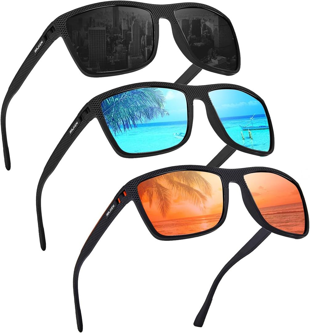 Arjien 3 Pack Polarized Sunglasses Men, Mirror Lens Mens Sunglasses for Driving Fishing Golf, UV400 Protection Sun Glasses