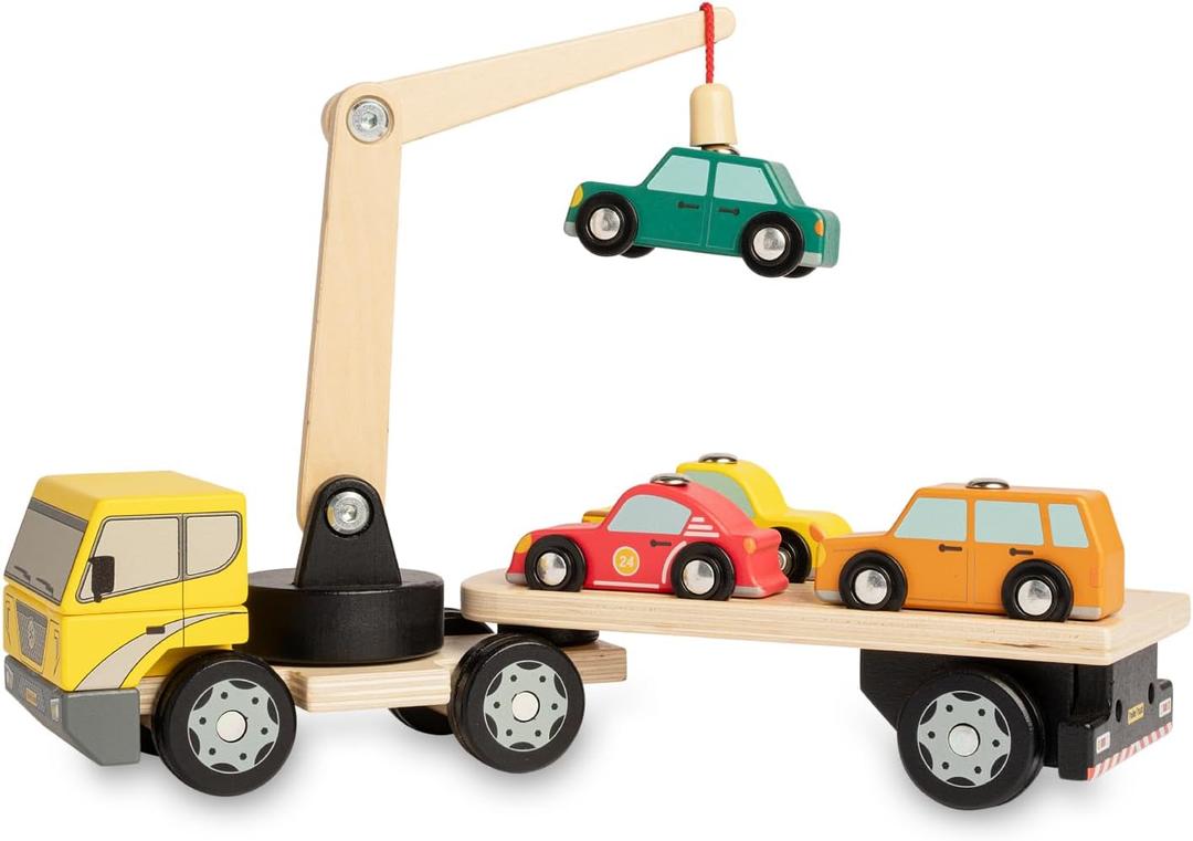 Nene Toys Magnetic Car Loader with 4 Cars and 1 Semi-Trailer Wooden Truck for Kids 2+ Year Old - Interactive Crane Wooden Toy - Vehicle Toys for Boys Girls - Educational Toy for Toddlers Ages 2+