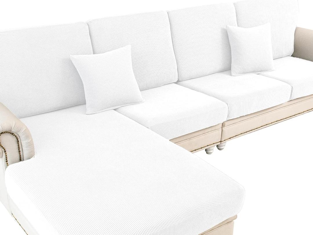 LA MEACK Couch Cushion Covers for Sectional Sofa L Shape Washable Separate Seat Chaise Couch Cover Stretch Sofa Slipcovers with 2 Pcs Pillowcases(3 Seater + 1 Chaise, White)