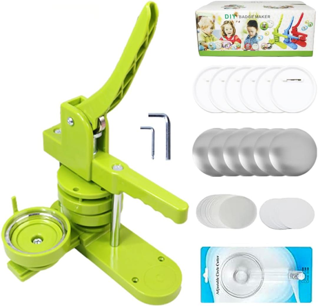 Button Maker Machine Multiple-Sizes, DIY Pin Button Maker Machine Kit with Interchangeable Button-Models&Free Button Parts&Circle Cutter&Wrench Gadget (Green, 75mm)