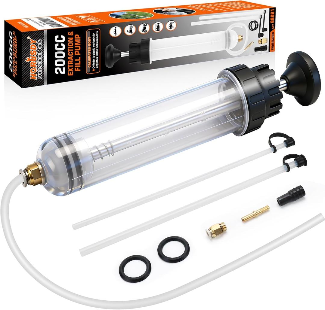 HORUSDY 200cc Fluid Extractor Syringe Oil Pump, Fluid Evacuator with 23" Flexible Hose, 12" Fine & Coarse Hoses, for Automotive, Motorcycle, Marine & Equipment Maintenance (9PCS) (200CC New Model)
