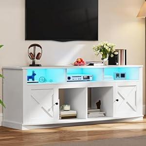 DWVO TV Stand for 75/ 80 Inch TV, Entertainment Center, LED Light Media Console, TV Cabinet with Barn Doors and Power Outlet for Living Room, White