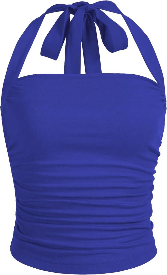 SOLY HUX Women's Ruched Halter Y2K Crop Tops Tie Back Sleeveless Slim Fit Cami Tops (Solid Royal Blue), Small