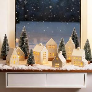 Mokof Christmas Village Set - 6 White Ceramic Houses with Remote LED Tea Lights and 8 Mini Trees, Farmhouse Christmas Decorations Indoor for Fireplace, Mantel, Tabletop, Shelves Winter Holiday Decor