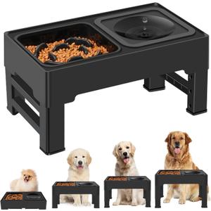 2-in-1 Elevated Slow Feeder Dog Bowls, 4 Height Adjustable Raised Dog Bowls Stand with No Spill Water Bowl, Non-Skid Pet Food Feeding Set for Small, Medium, Large Dogs Cats
