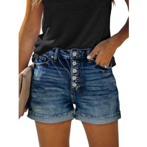 KISSMODA Denim Shorts Women Trendy Button Summer Cut Off Short Womens Jean Shorts High Waisted Denim Hot Ripped Shorts (X-Large, C-navy Blue)