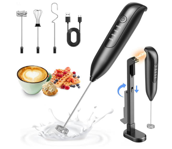 Dynooper 2 in 1 - Electric Whisk Milk Frother, Electric Whisk Foam Maker for Coffee, Lattes, Cappuccino, Matcha, Hot Chocolate & Creamer - Black