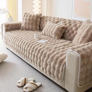 tianxinbaobei Faux Fur Couch Cover, Rabbit Plush Couch Cover, Non-Slip Couch Cover Furniture Protector (Cream, 36"x82"/ 4-Seater Sofa Cover)
