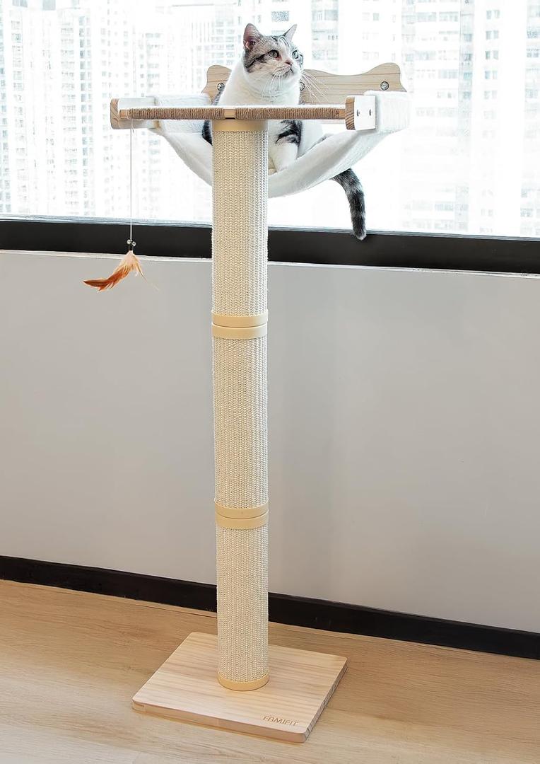 Cat Window Perch with Scratching Post, 47.3" Adjustable Cat Tall Scratching Posts &Upgraded Winter Cushion  Multi-Level Perch for Climbing, Bird Watching, and Play, Supports 50 lbs (Drilling-Free)