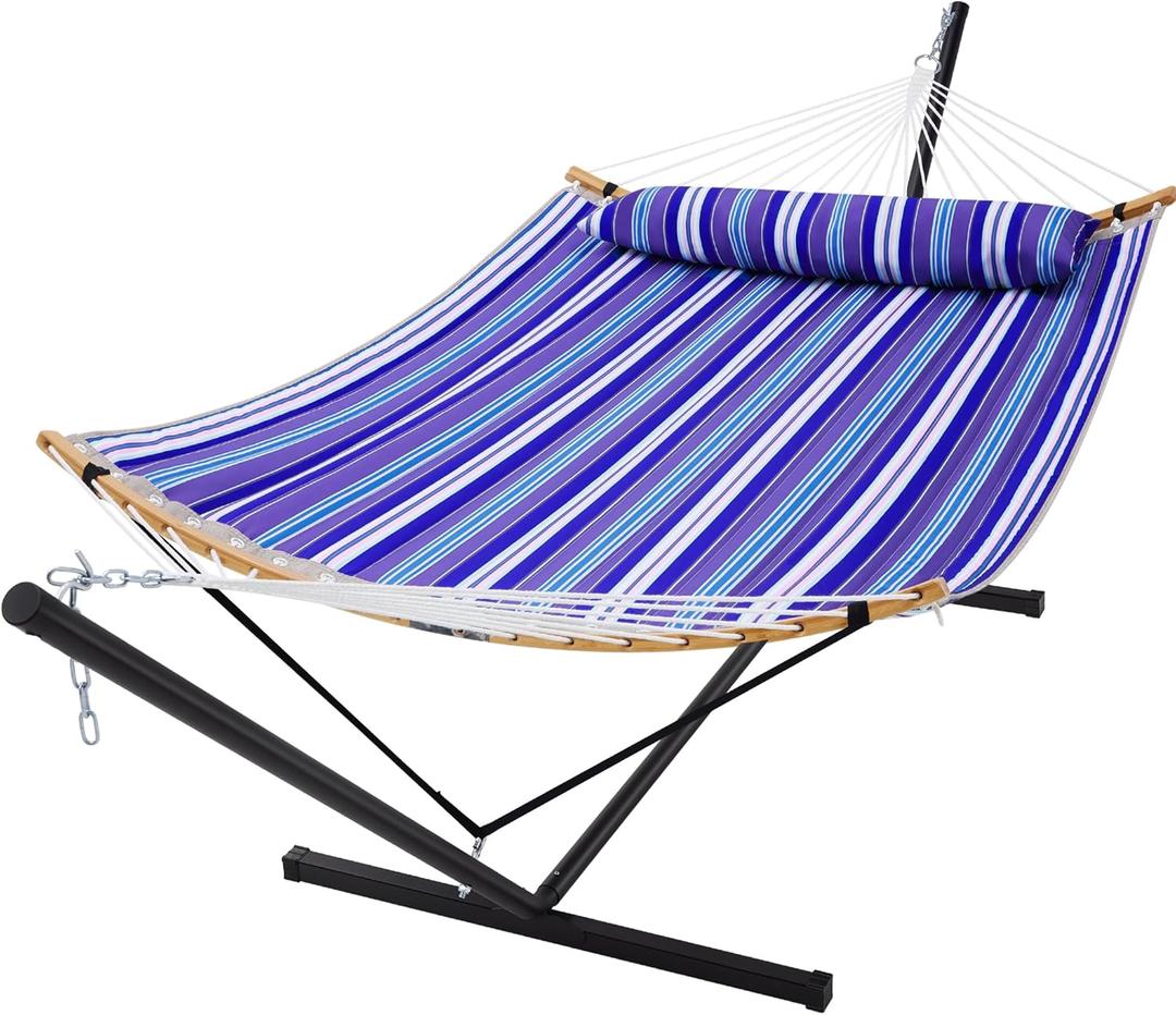 SUPERJARE Curved-Bar Hammock with Stand, 2 Person Heavy Duty Hammock Frame, Detachable Pillow & Portable Carrying Bag, Perfect for Outdoor & Indoor, Deep Ocean Fine Stripe