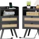 SUPERJARE 2 Drawer Night Stand with Charger Station, Boho Rattan Nightstand Set of 2, 25.2 Inch Tall Bed Side Table with Solid Wood Feet, End Table, Open Storage, Synthetic Rattan, for Bedroom, Black, 11.8"D x 15.8"W x 25.2"H