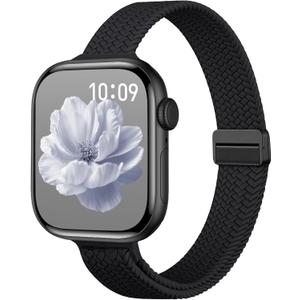 Slim Stretchy Band Compatible with Apple Watch Bands 40mm 41mm 42mm 38mm 44mm 45mm 46mm Women Men, Thin Elastic Nylon Sport Braided Solo Loop Magnetic Strap for iWatch Series 11 10 9 8 7 6 5 4 3 SE 2 (Black)