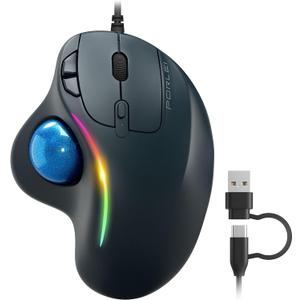 Wired Trackball Mouse with RGB Lighting, Ergonomic Thumb Control to Reduce Muscle Strain, 5 Adjustable DPI, Dual USB-C & USB-A Connectivity, Compatible with PC, Laptop, Mac, Windows-Blue