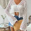 SweatyRocks Women's Tie Front Crop Cardigan Hollow Out Long Sleeve Lightweight Knit Tops (Large, White)