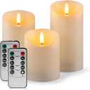 Flameless Candles Battery Operated Pillar Real Wax Electric LED Flashing Candle Sets with Remote Control Cycling 24 Hours Timer, 4" 5" 6" Pack of 3 (Ivory)