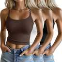 Ficerd 3 Pack Women's Spaghetti Strap Ribbed Tank Tops Scoop Neck Cotton Crop Camisole Slim Fitted Basic Sleeveless Layer (Black, White, Brown)