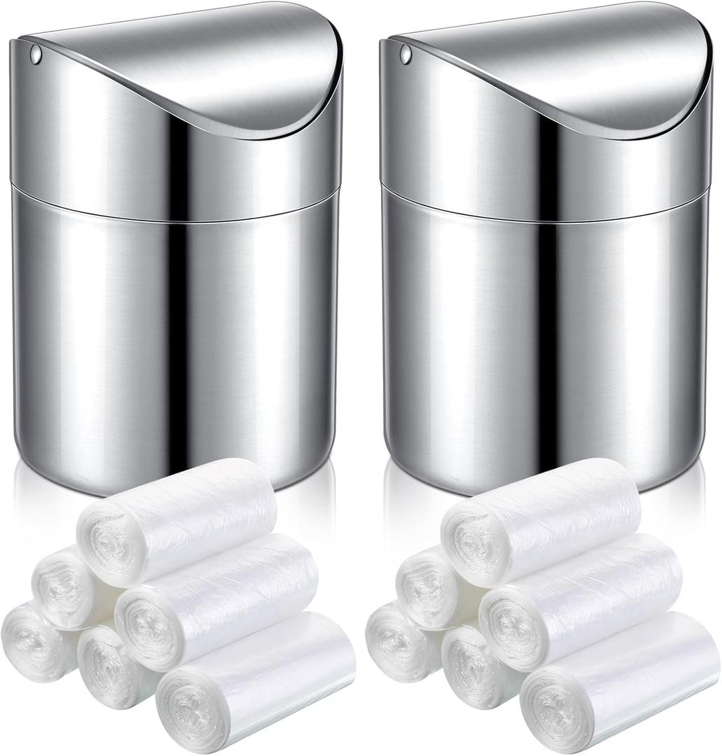 2 Pcs Desk Trash Can with Swing Lids, 12 Rolls of Trash Bags, 2L Brushed Stainless Steel Countertop Garbage Bin Small Wastebasket with Lid for Office Desk, Coffee Table(Silver)