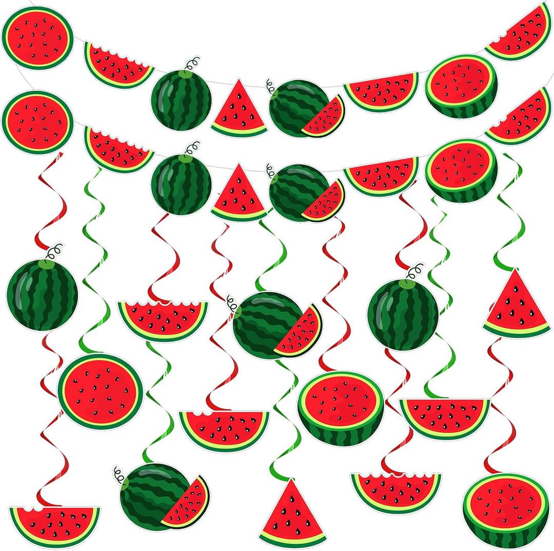 MotiMind 34 Pcs Summer Watermelon Party Decorations Watermelon Hanging Swirl Decorations Pre Strung Watermelon Banner Fruit Birthday Party Supplies for Summer Hawaiian Tropical Luau Beach Themed Party