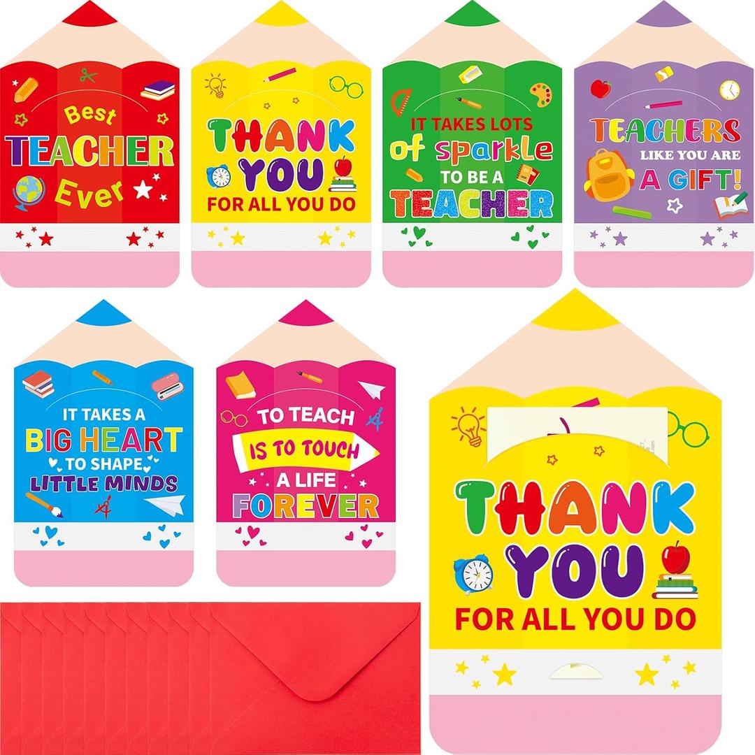Treasure Cove Teacher Appreciation Gift Cards Holders Thank You Teacher Greeting Cards Pencil Gift Card Holder Money Sleeves with Envelope for Appreciation Week Graduation End of Year Party Supplies 12Pcs
