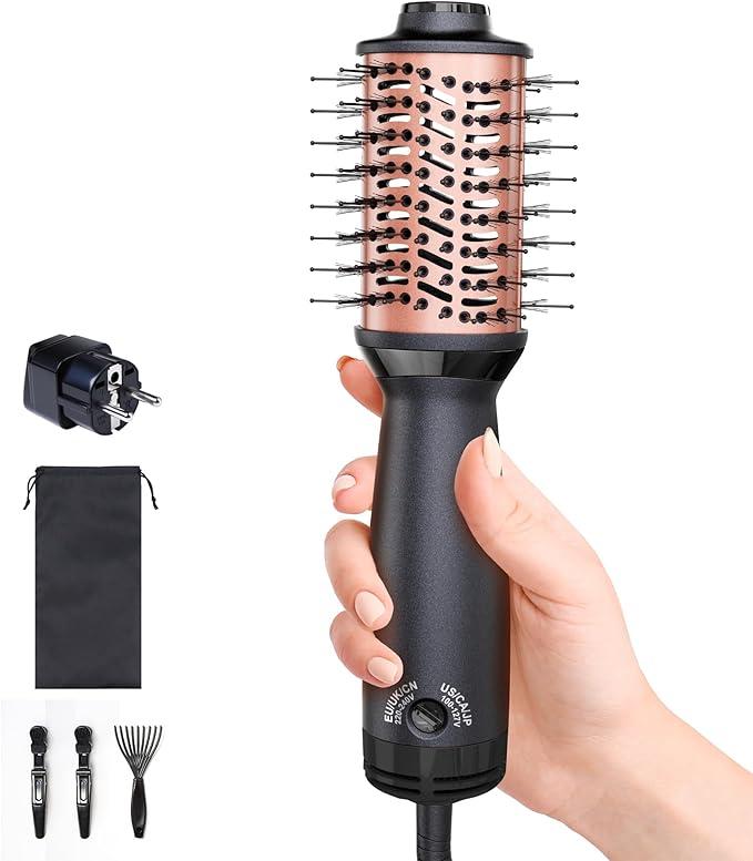 Desalo Small Dual Voltage Hair Dryer Brush (110220V), Compact LightWeight European Travel Blow Dryer Brush for Volume, Smoothness & Curls On The Go, One Step Travel Hair Tools, Incl. Pouch & EU Plug