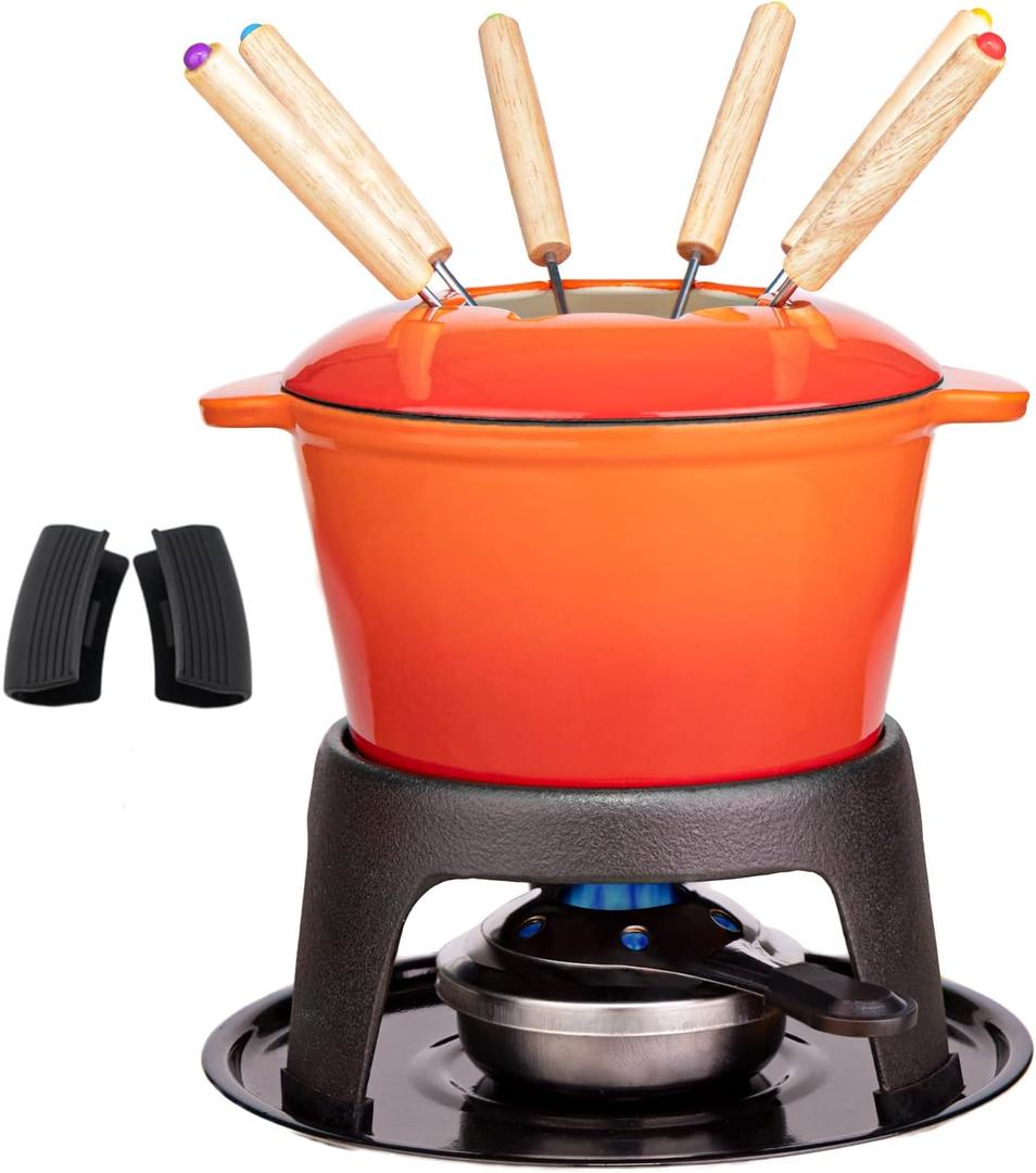 Mabeeze Cast Iron Fondue Set for Cheese, Chocolate or Meat - Includes Enameled 1.6 Qt Pot, 6 Fondue Forks, Burner, Stand, Base and Mitts