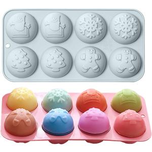 Christmas Chocolate Round Silicone Molds, Christmas Tree Snowflake Snowman Shape Half Sphere Circle Silicone Molds for Hot Chocolate Bomb, Candy Mini Soap, Cake, Jelly, Pudding, and Jello (8-Cavity)